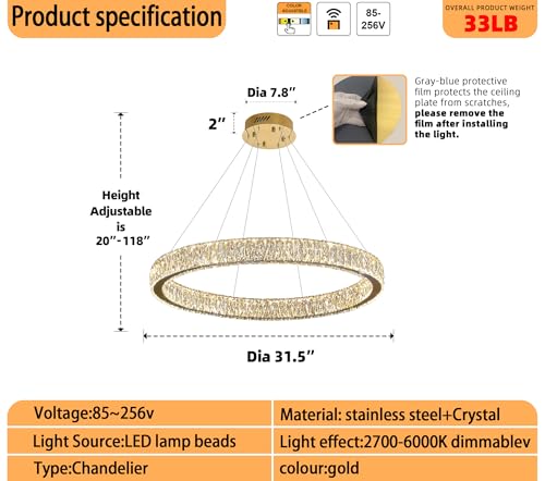 Modern LED Gold Ring Chandelier 31.5" Dimmable Adjustable Crystal Ring Pendant Light for Dining Room Living Room (Gold 1 Ring 32")