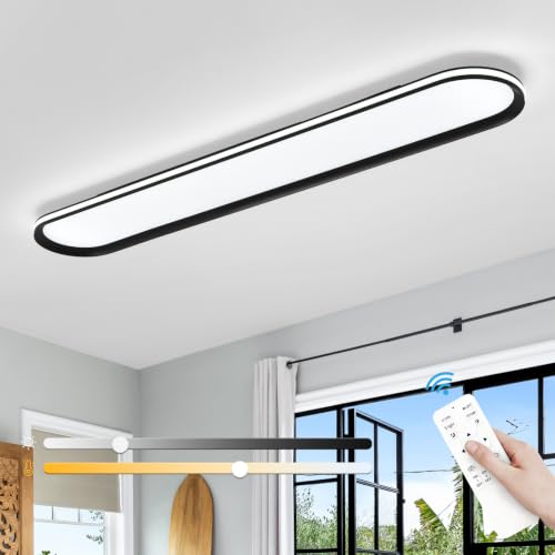 Modern LED Ceiling Light Dimmable Linear Ceiling Light 39.4in Semi Flush Mount Long Lights with Remote Control and Side Lighting for Living Room Kitchen Dining Room