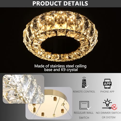 8" Ring Modern LED Dimmable Crystal Chandelier Adjustable Height Pendant Light Round Crystal Chandelier Light Fixtures for Dining Room Living Room Kitchen Island Gold (Gold / 1 Ring Round 8")