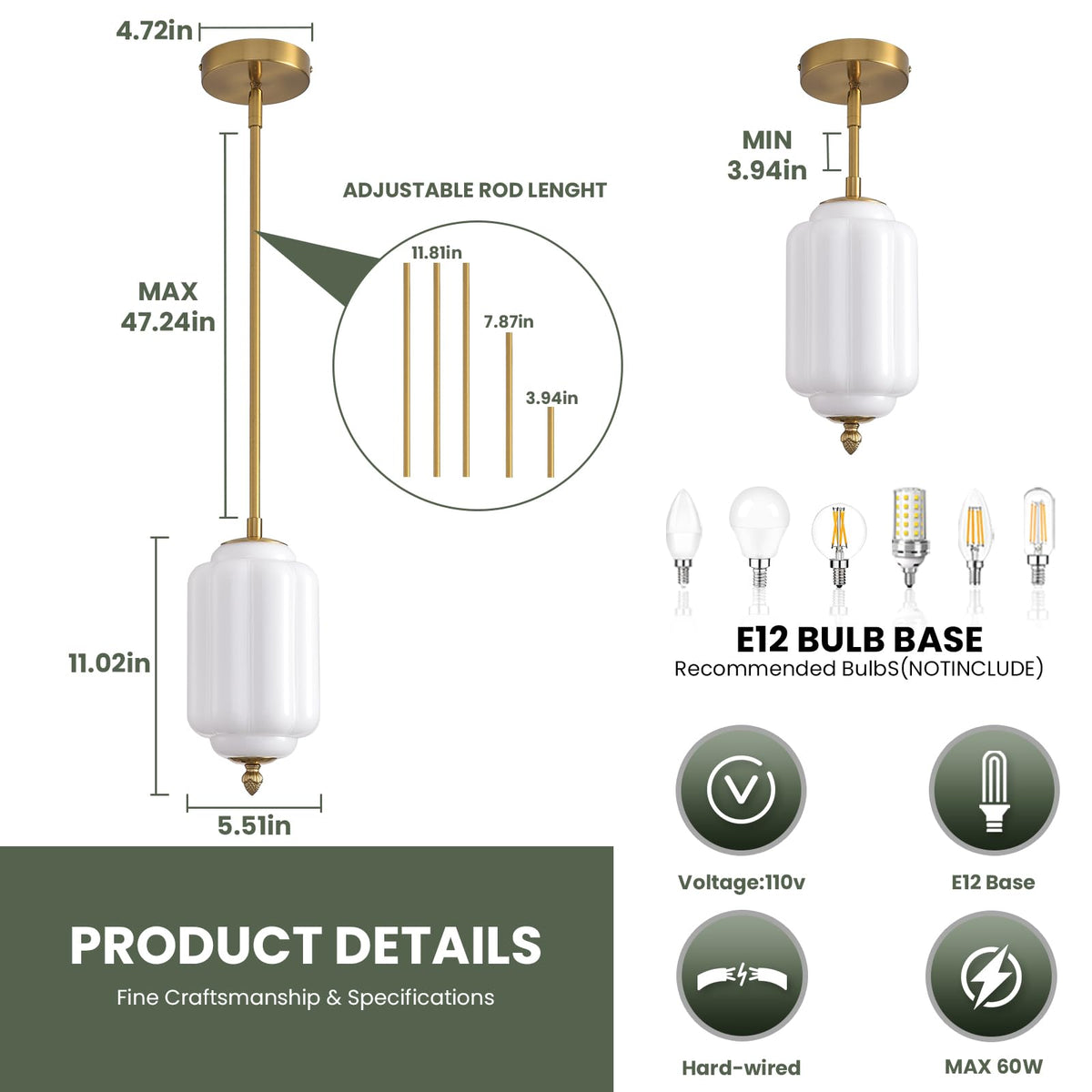 Vintage Milk Glass Pendant Lights 3 (White-3 Pack / 5.5 Inch)
