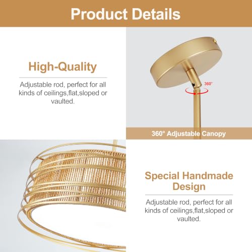 23.6" Gold Rattan Chandelier Boho 5 (Gold / 23.6 inch)