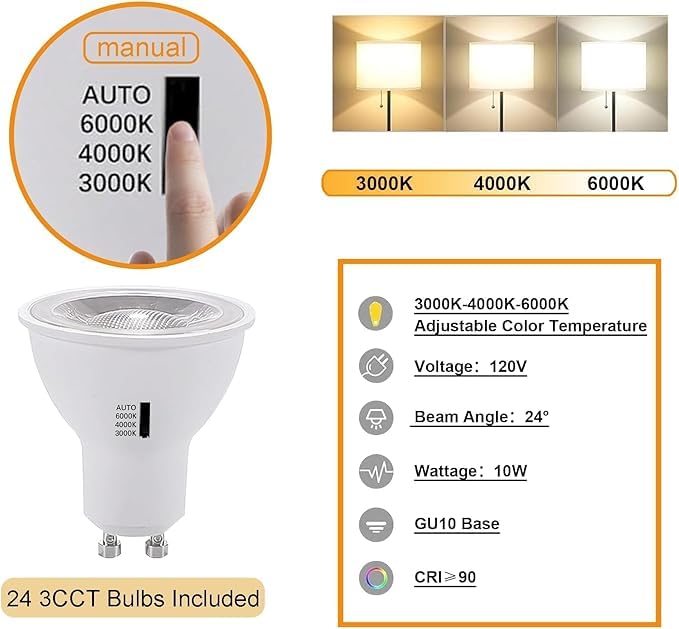 GU10 LED Track Lighting Kit H Type Plug in Dimmable White Spotlights (Black 3CCT / 24 Head Big Kit)
