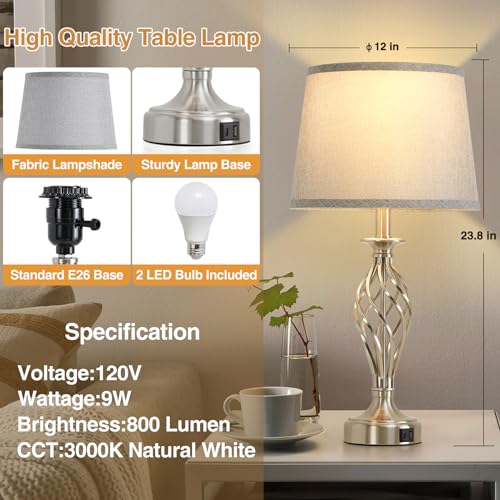Table Lamp for Bedroom Set of 2 with USB C+A Ports (Silver Base + Grey Lampshade)