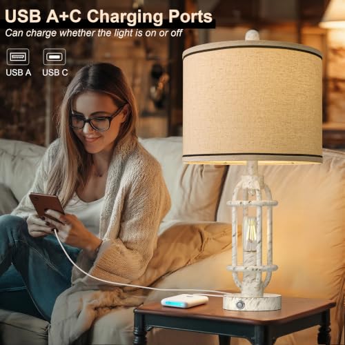 23.75'' Table Lamps Set of 2 for Living Room Bedroom Industrial Farmhouse Metal Touch Lamps with USB A+C Ports (23.75'' White - Set of 2)