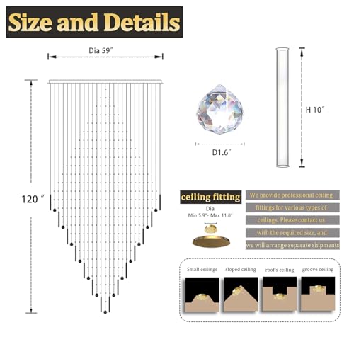 D59''X H120'' Extra Large Chandelier for High Ceilings Crystal Raindrop Chandeliers Tier Crystal Chandelier for Villa Entrance Foyer LED Dimmable 2700K (Black / D59"X H120")