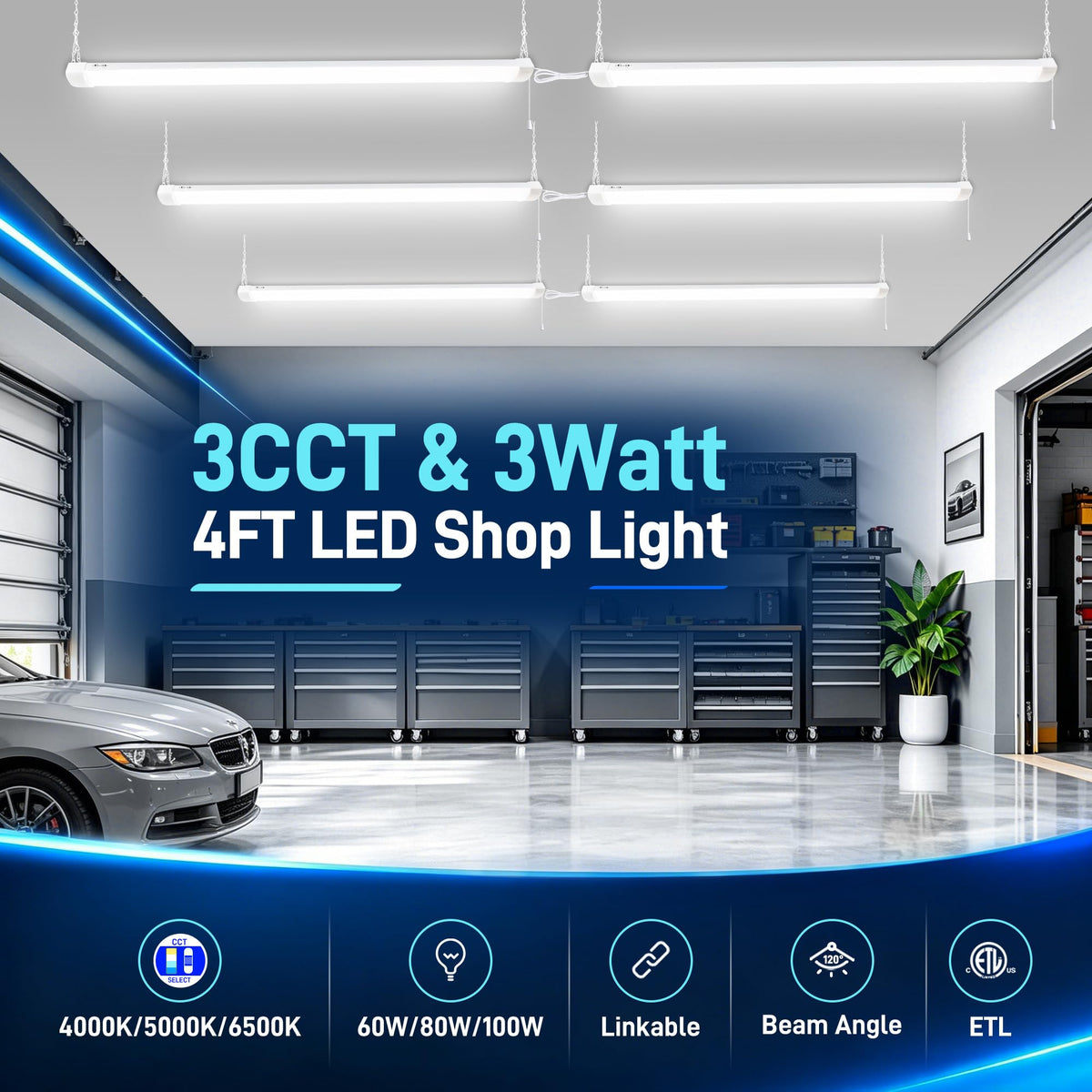 12000LM 4FT LED Shop Light with Pull Chain (White / 60W/80W/100W)