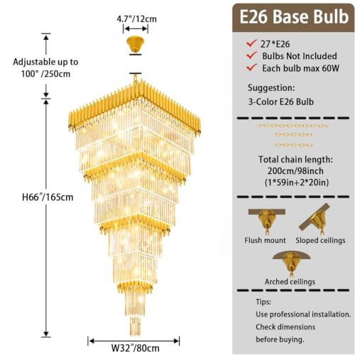W32 x H94.5 Large Gold Chandeliers for High Ceiling (D32"XH94.5" Gold)