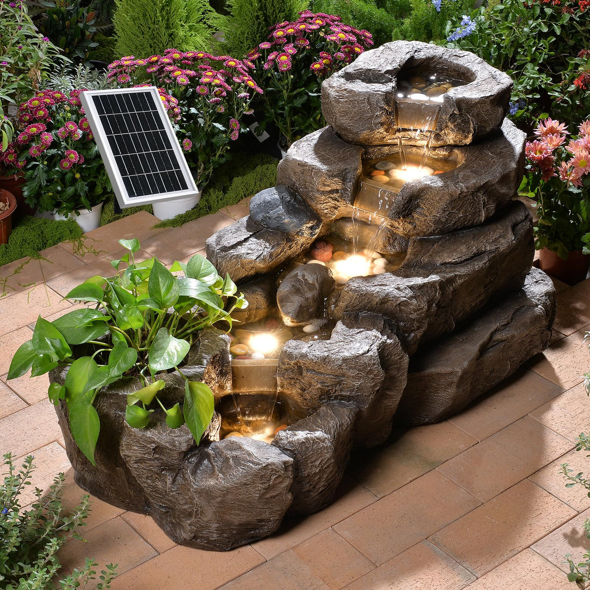 38.2" L Solar Water Fountain Outdoor Rock Waterfall Fountains (38.2’’L / Solar -Brown)