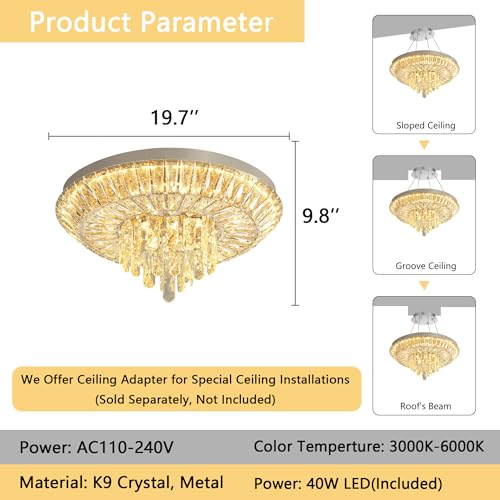 Crystal Chandelier 40W Modern Round Ceiling Light Fixture LED Raindrop Chandeliers Dimmable with Remote for Dining Room Living Room Entryway Hallway Bedroom Silver (Silver / W20")