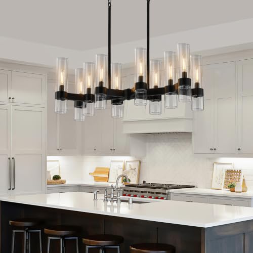 10 Light Black Chandeliers for Dining Room with Clear Glass Shade (Black / 10-Light L32")