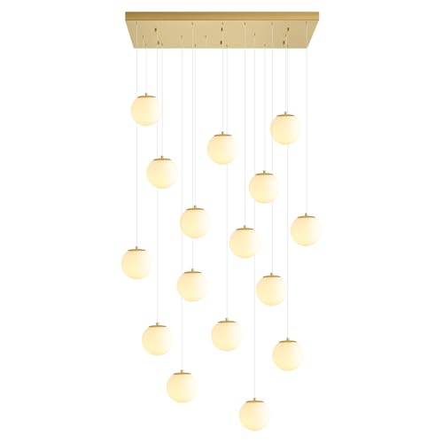 16 Light Gold Chandelier with White Globe Glass Dimmable Ceiling Light Glass Pendant Light for Kitchen Island (Gold-White / Rectangle 16-Light)