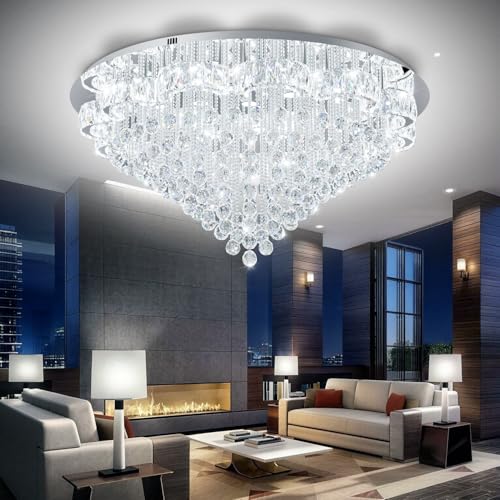 48in Chrome Crystal Chanderliers for Living Room Entryway Modern Crystal Folwer Ceiling Light for Foyer LED Dimmable Lighting 2700k 4500k 6000k (Silver / 48inch)