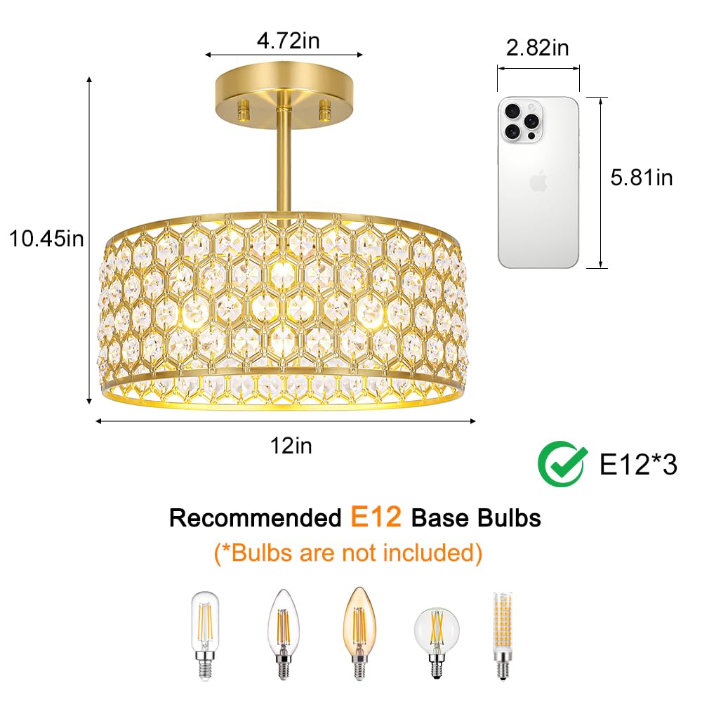 Gold Crystal Ceiling Light Fixture (12in - 3 light - B / Gold)