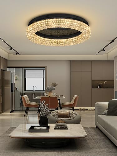 40'' Crystal Chandelier Light Fixture Large Chandelier for Living Room Crystal Flat Mounted Ceiling Lights Dining Room Bedroom Dimmable 2700 (Black / Dia 40inch)