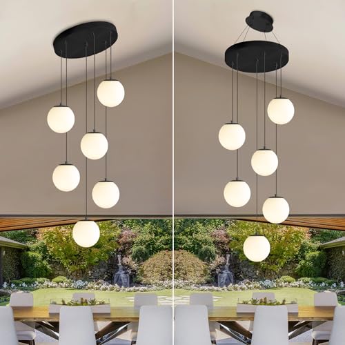6 Light Black Chandelier with White Globe Glass Dimmable Ceiling Light Glass Pendant Light for Kitchen Island (Black-White / Globe 6-Light)