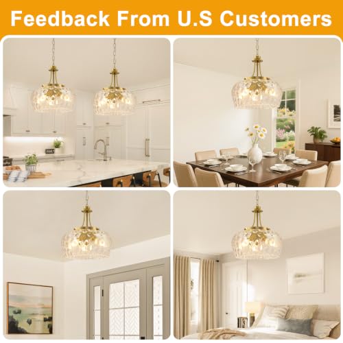 Modern Pendant Lights Kitchen Island (3-Light-Brushed Gold-Clear Hammered Glass-14.2"(Easy To Install))