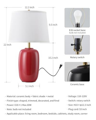 22 Inch Red Ceramic Table Lamps Set of 2 (H22" Red Ceramic + White Shade (2 Pack) / H22 × ∅12.2 inch)