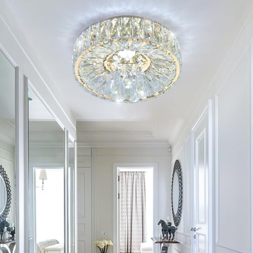Mini Chandelier Modern Crystal Chandeliers for Hallway LED Flush Mount Ceiling Light Dimmable Light Fixture for Dining Room Living Room Bedroom (Gold / 11.8" Width)