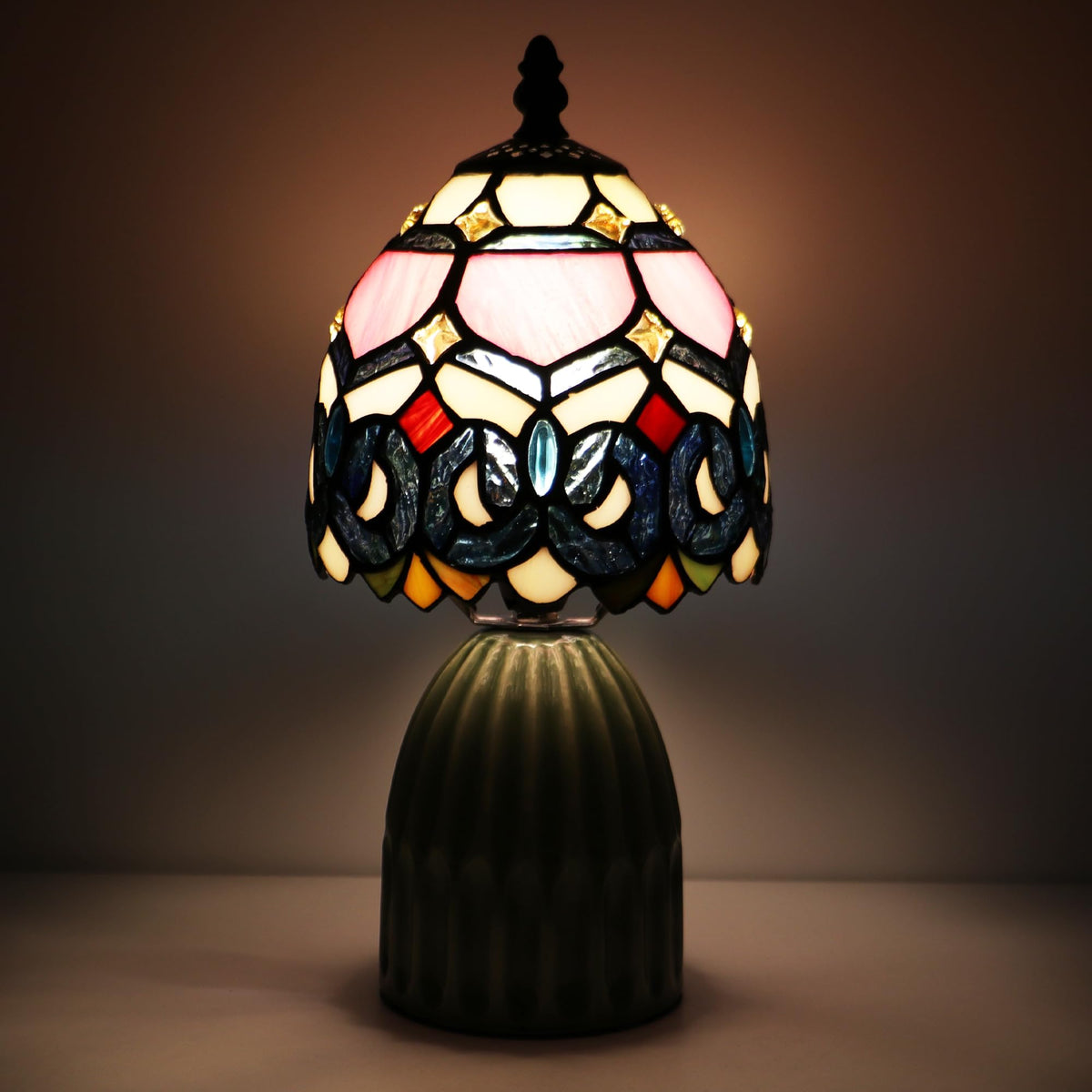 Tiffany Stained Glass Mushroom Table Lamp 12.5 Inch (Pink Jewelry Baroque)