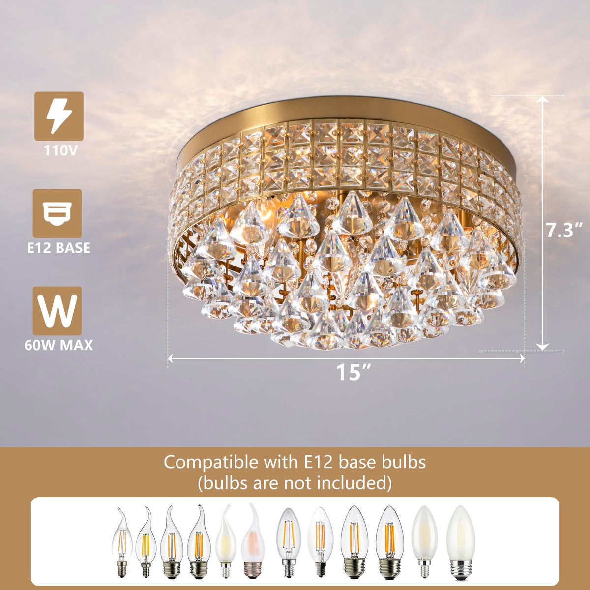 4 Lights Brass Crystal Chandelier (15"Wx7.3"H / Brass)