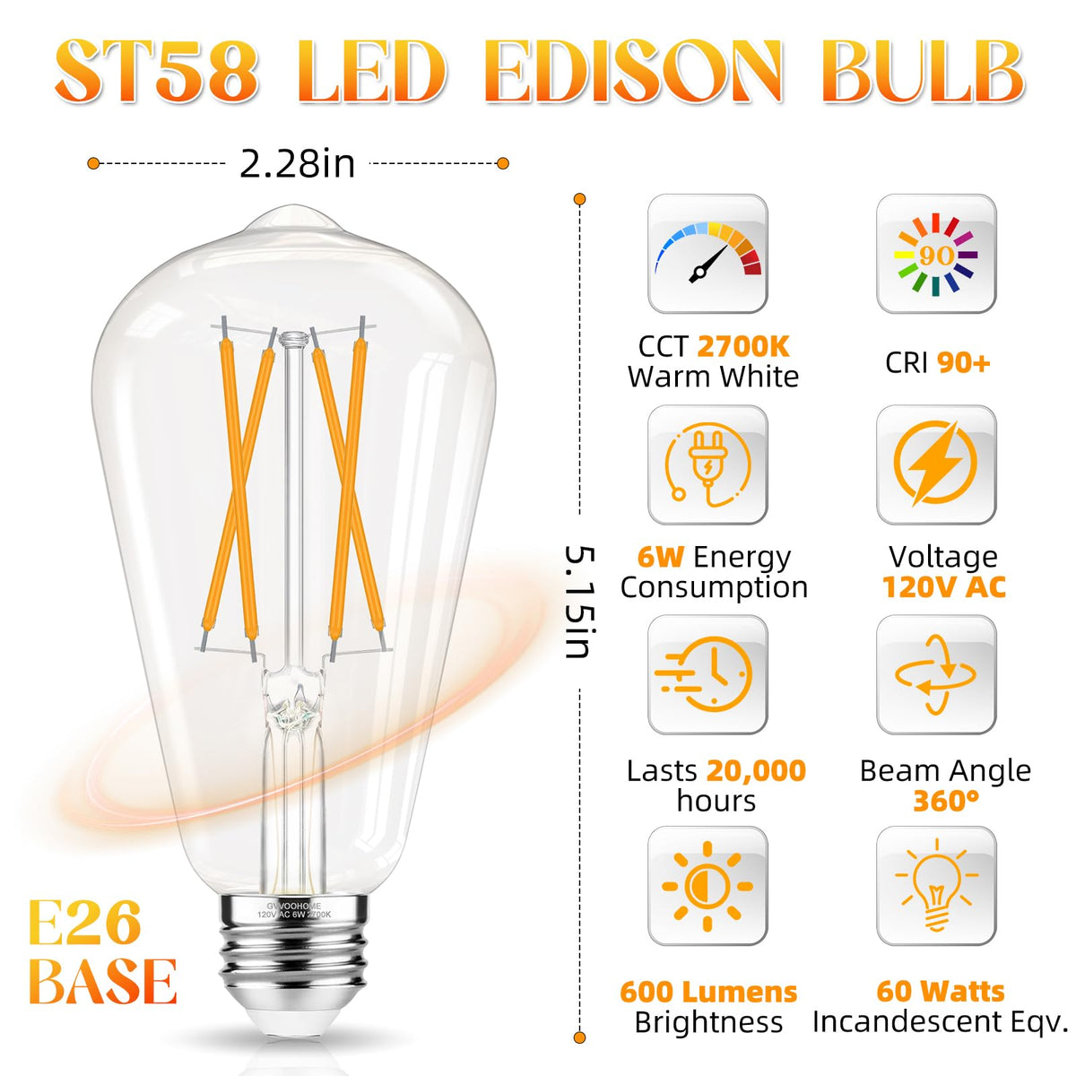 Edison Bulbs E26 LED Bulb 60 watt Non (6 Pack / Warm White)