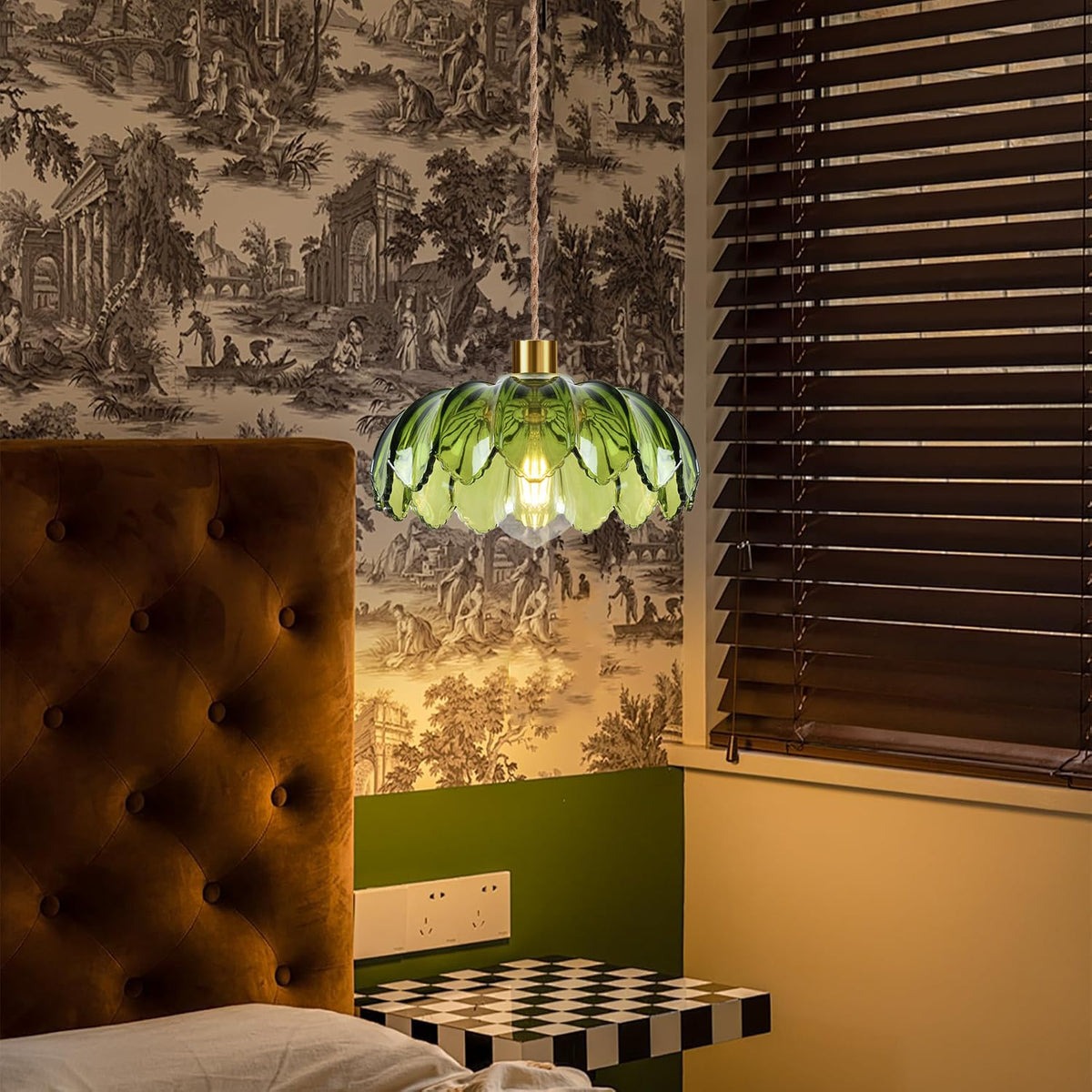 Plug in Pendant Light Hanging Lights with Plug in Cord Boho Hanging Lamp Glass Gold Mid Century Modern Vintage Dimmable Green Flower Plug in Chandelier Ceiling Fixture for Living Room (Pendant Light-12)