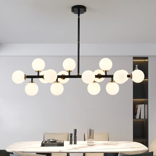 Black and Gold Chandelier Modern Rectangle Chandelier Glass Globe Pendant Light Fixture Adjustable for Dining Living Room Kitchen Island 16 (BlackGold-40in)