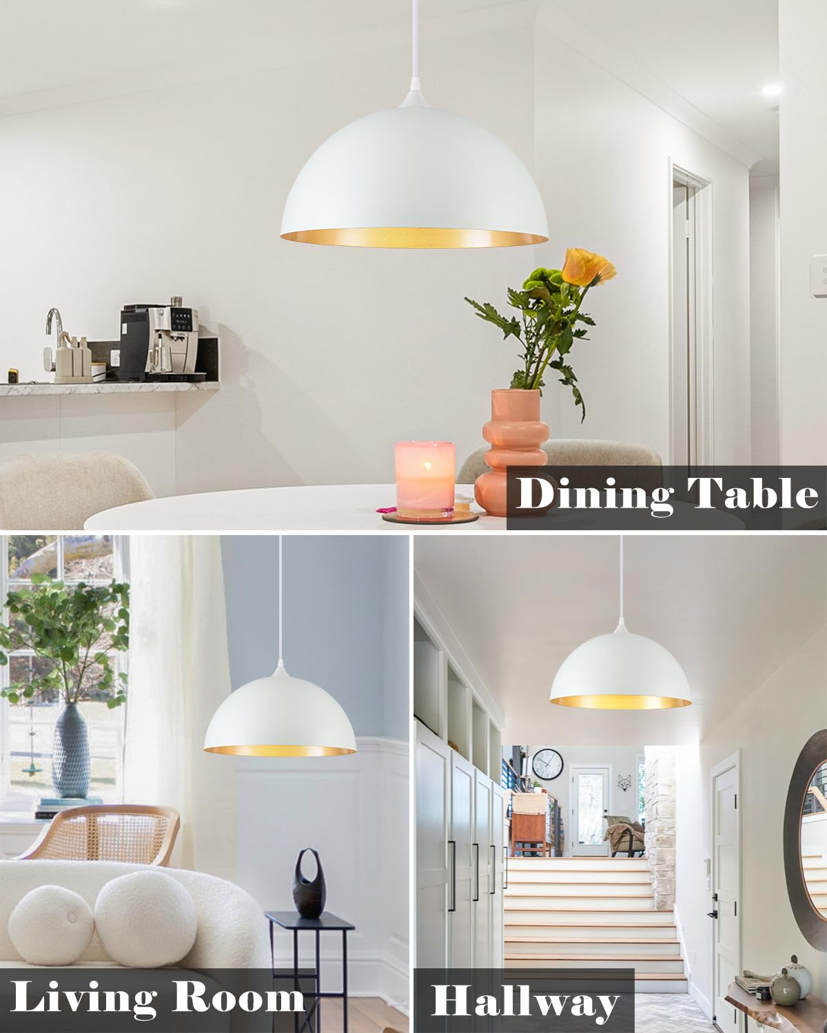 White and Gold Dome Pendant Light (White+Gold / 16"x2)
