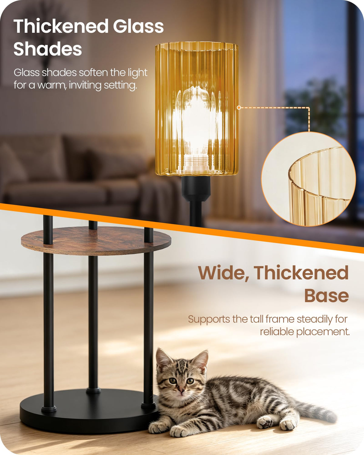 71" Floor Lamp with Shelves (Rustic Brown + Amber Glass)