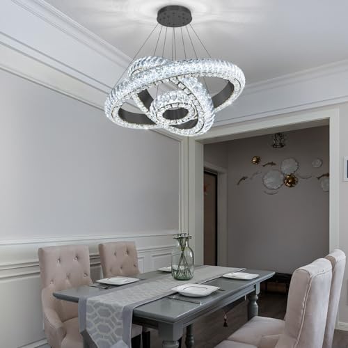 23.6" 3 Ring Crystal Chandelier Modern LED Dimmable Ring Pendant Light Round Chandelier for Dining Room Living Room Black (Black / 3 Ring Round 24")