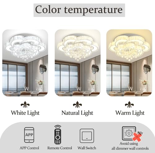Dia 24'' Crystal Chandeliers Modern Chandelier for Living Room LED Dimmable Pendant Light Fixture with Remote Flush Mount Ceiling Lights for Bedroom Entryway Hallway Silver (Silver / Dia 24")