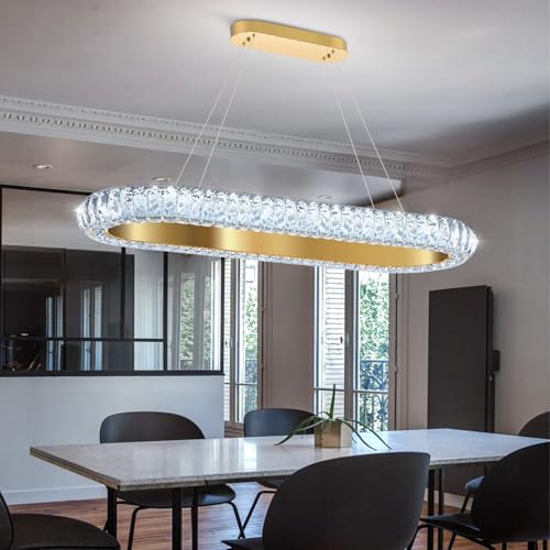 32'' Oval Ring Crystal Chandelier Modern LED Dimmable Ring Pendant Light Chandelier for Dining Room Living Room Gold (Gold / 1 Ring Oval 32")