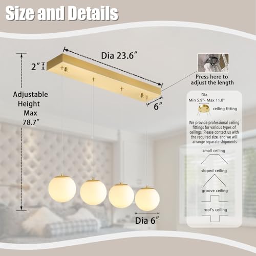 4 Light White Globe Glass Pendant Light Modern Gold Chandelier White Glass Globe Chandelier for Dining Room Kitchen Island Foyer Hallway (Gold-White / Rectangle 4-Light)