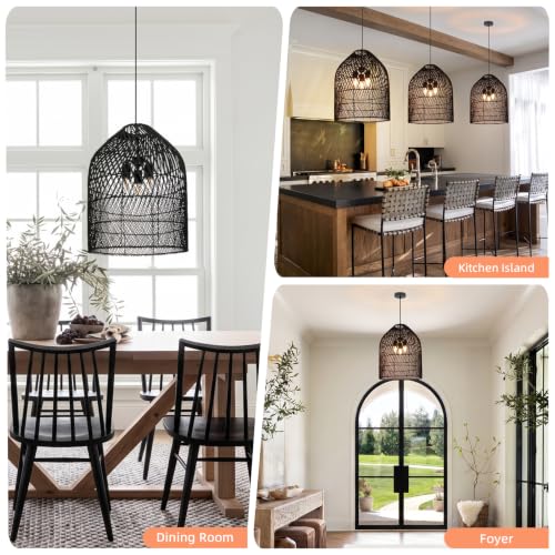 3 Light Rattan Woven Bell Pendant Light for Dining Room Black (Black / 3-Light / 20.8″H)