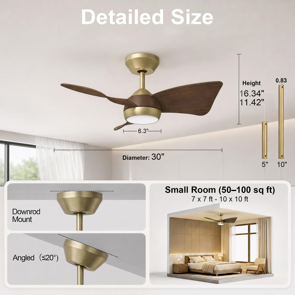 30 Inch Small Ceiling Fan with Lights (Brushed Brass & Walnut / 30 Inch)