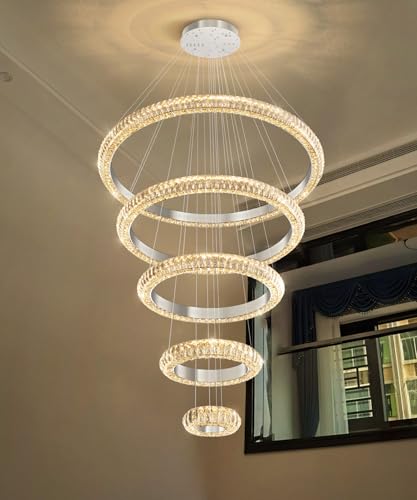 5 Ring Large Crystal Chandelier Modern LED Dimmable High Ceiling Chandelier Ring Contemporary Pendant Light Fixture for Living Room Foyer Staircase Gold D40'' (Silver / 5 Ring Round 40")