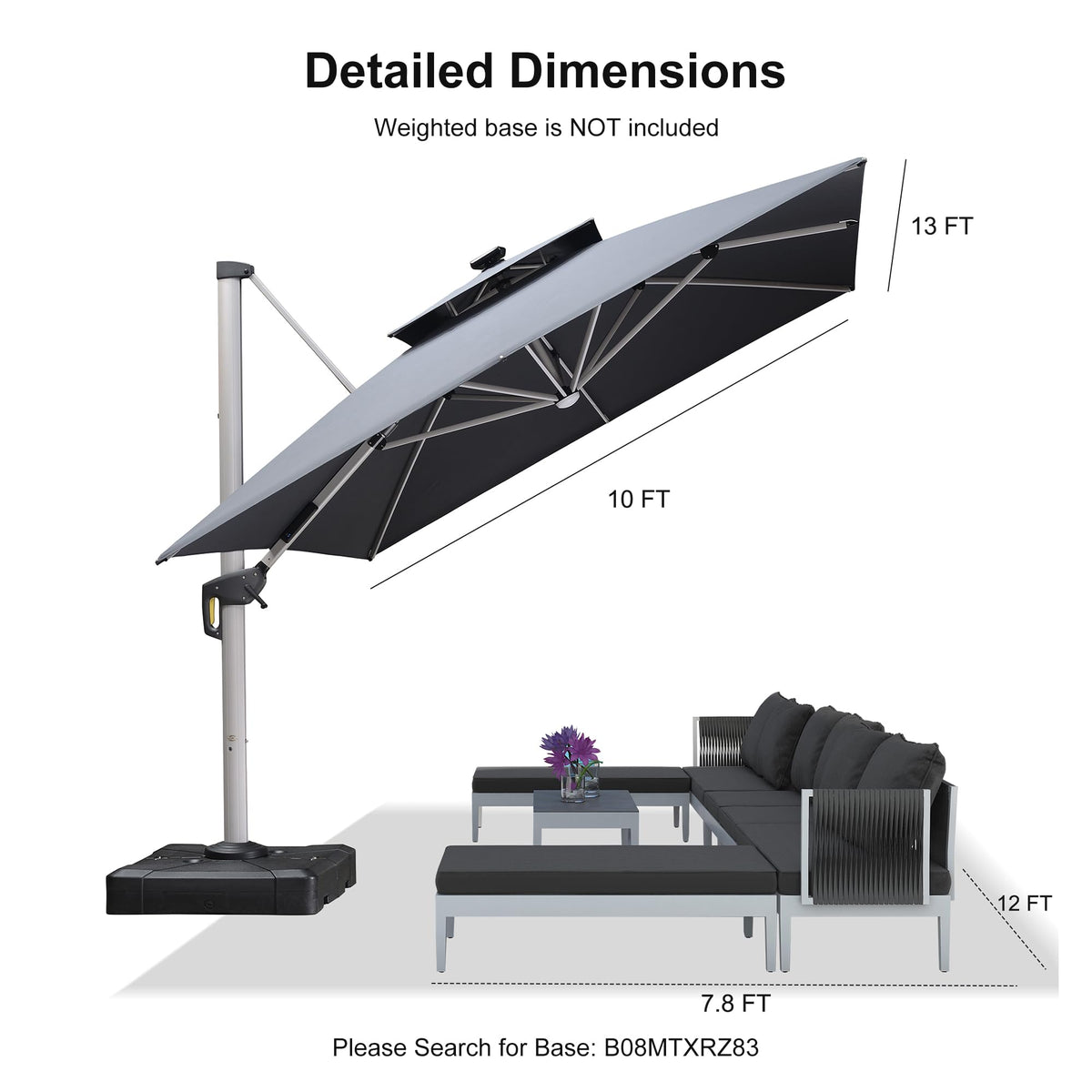 Cantilever Umbrella 10' X 13' Double Top Solar LED Light (Grey / 10' X 13')