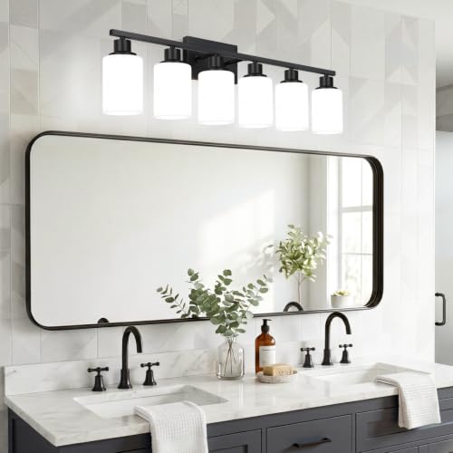 6 Light Bathroom Light Fixtures (Matte Black & Milky Glass / 6-light)