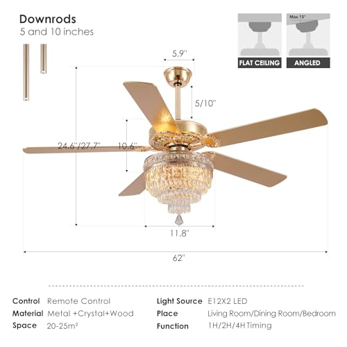 62"Golden Crystal Chandelier Ceiling Fans with Lights and Remote Control (Gold-62IN)