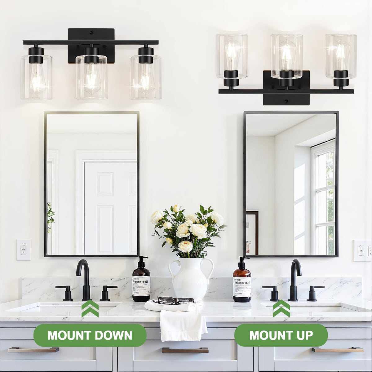 Black Bathroom Light Fixtures with Clear Glass Shades (Matte Black / 3-light)