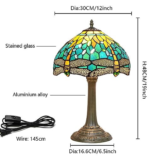 Tiffany Lamp Green Dragonfly Style Stained Glass Lamps Teal Bedroom Bedside Table Lamp for Dorm Office Art Craft Antique Decor Accent Aesthetic Nightstand Retro Metal Reading Lamps 12 inch (Green Yellow Dragonfly)