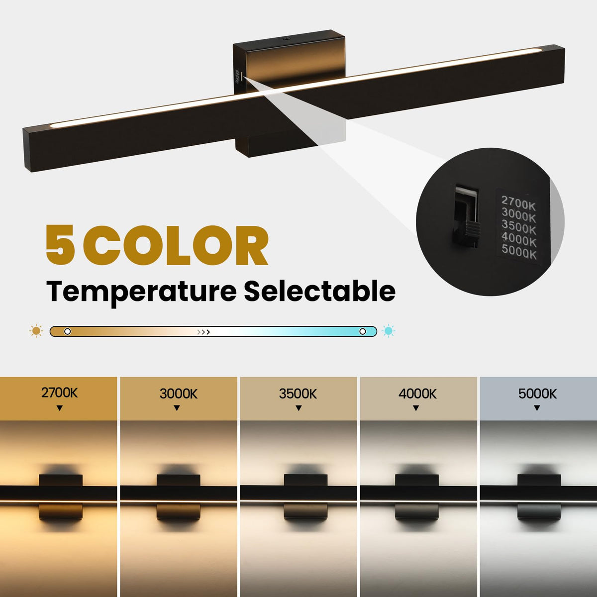 24 Inch Modern Vanity Light Black Bathroom Lighting Fixture with Up & Down Lighting 5CCT Dimmable LED Vanity Light Bar Over Mirror for Bathroom Bedroom Restroom (Black / 24 Inch)