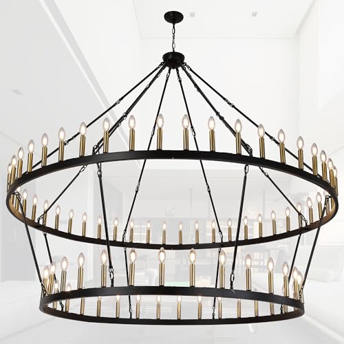 Rustic Farmhouse Wagon Wheel Chandelier Black+Brushed Brass Large Chandeliers for High Ceilings 2 Tier 80Lights 78.7 Inch for Dining Room Living Room Foyer Porch Kitchen Island (Black+Brushed Brass...