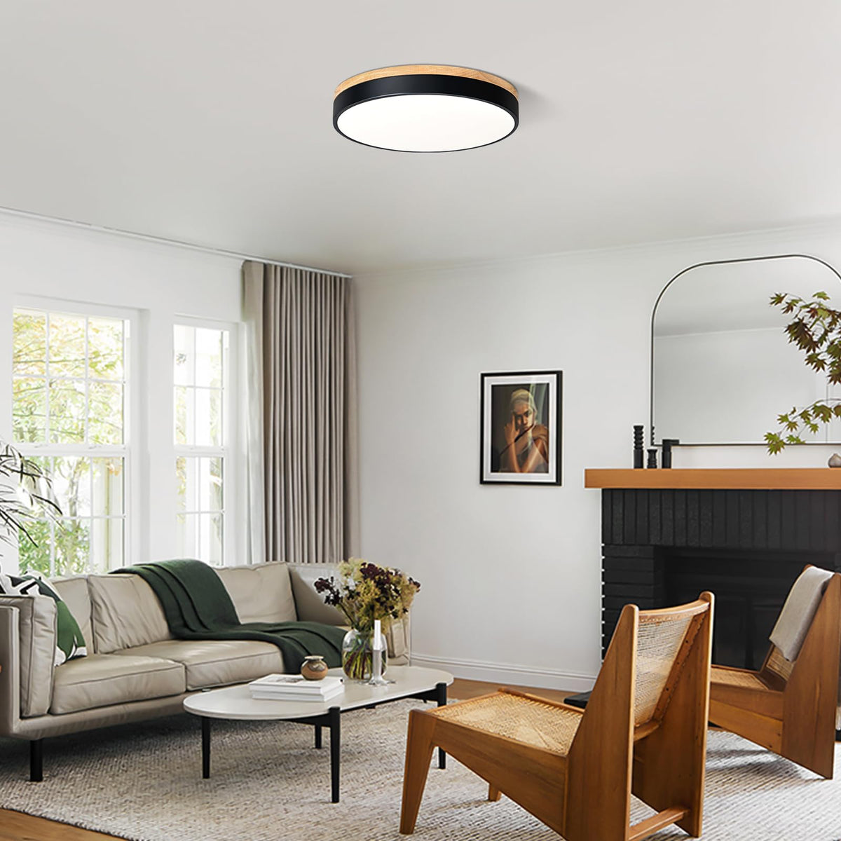 Modern LED Wood Black Round Flush Mount Ceiling Light 15.74 Inch (Black- Dimmable / 15.74 Inch)