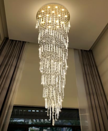 D40'' x H120'' Crystal Chandelier High Ceiling Chandeliers for Entryway Large Raindrop Chandeliers LED Dimmable Flush Mount Light Fixtures for Staircaes Foyer Hallway Living Room Bulbs Included Gold (D40'' x H120'' Gold)