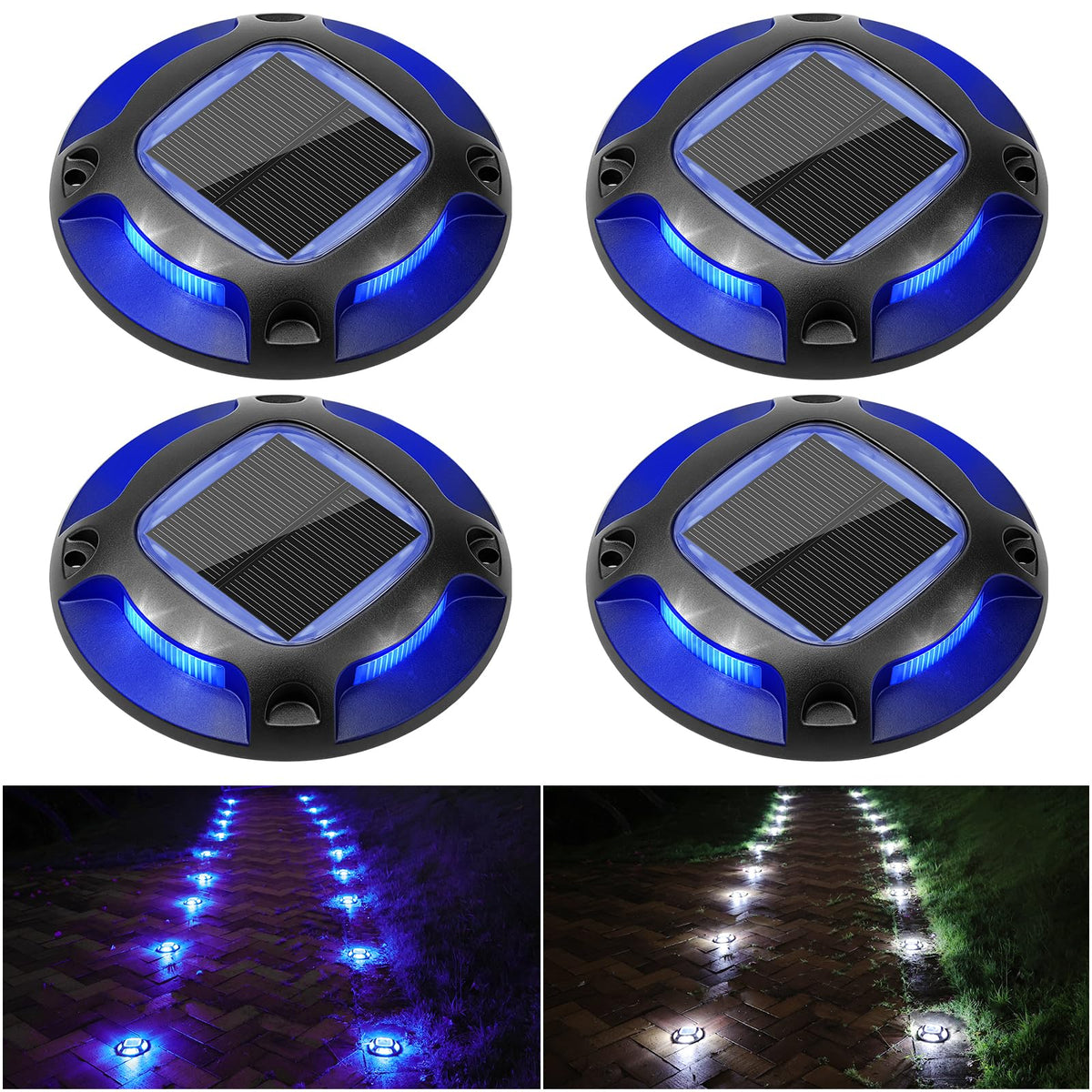 Solar Driveway Lights Dock Marine Lights 4 Pack (White+Blue,Black / 4pack)