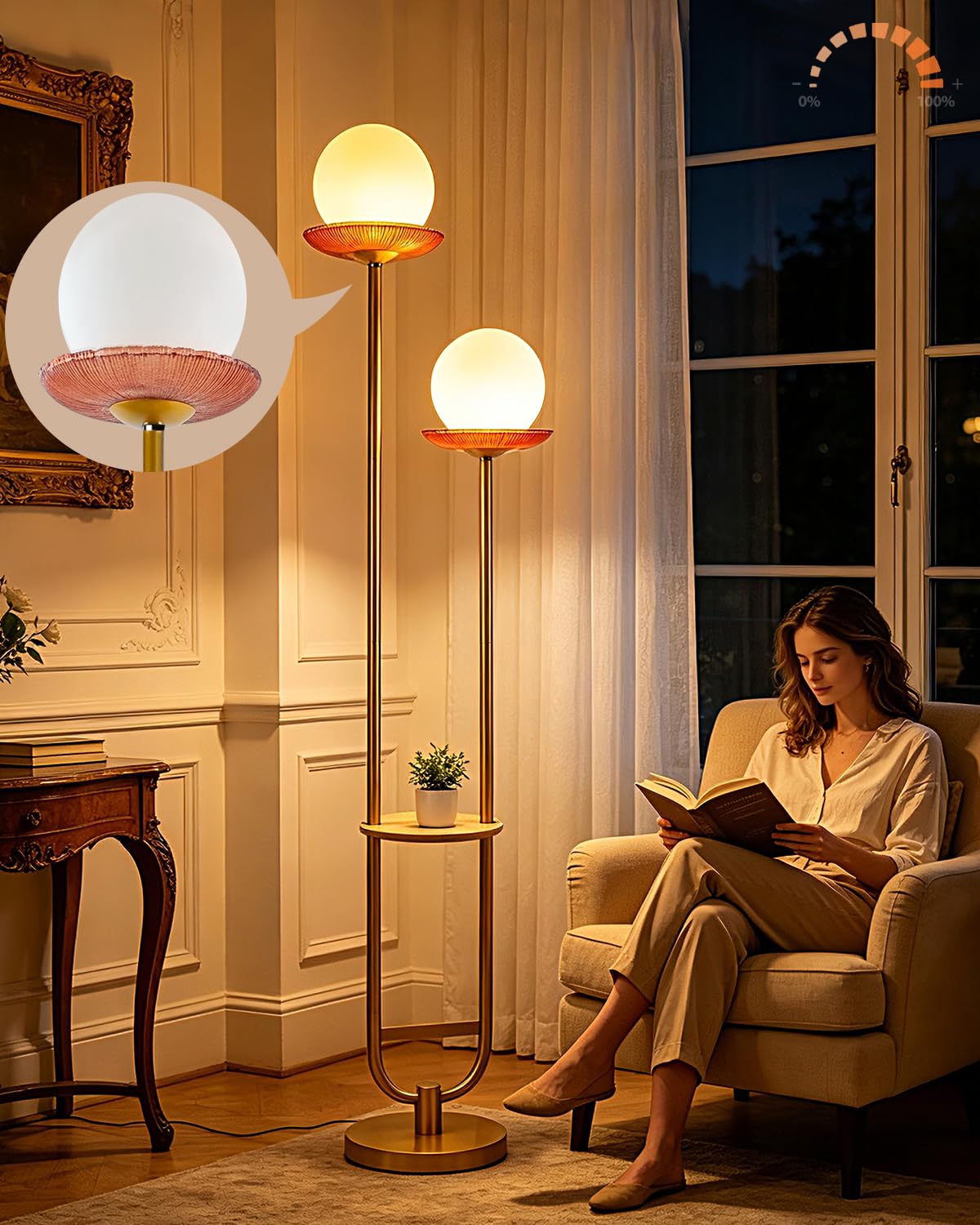 2 Globe Floor Lamp with Red Glass Tray Gold Dimmable Tall Lamp (Red-2U Gold)