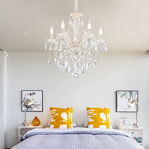 6 Lights K9 Crystal Candle Chandelier Modern Luxurious Light Candle Pendant Lamp Ceiling Living Room Lighting Plug in Chandelier for Dining Living Room Bedroom Hallway Entry (W6039-6-White)