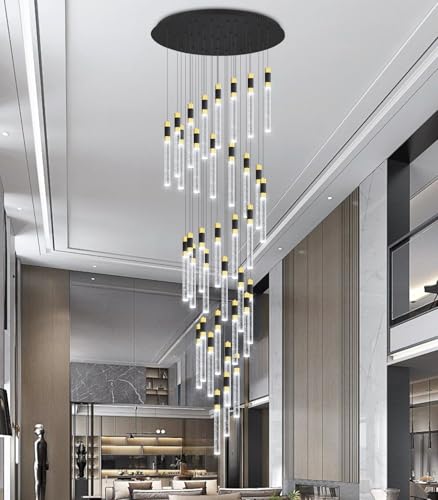 16 Foot High Ceiling Chandeliers for Living Room Entryway 32 Lights LED Lights Pendant Lighting with Dimmable Light Modern Crystal Ceiling Lights Dining Room Foyer Front Door Light (32 lights Cylindrical)