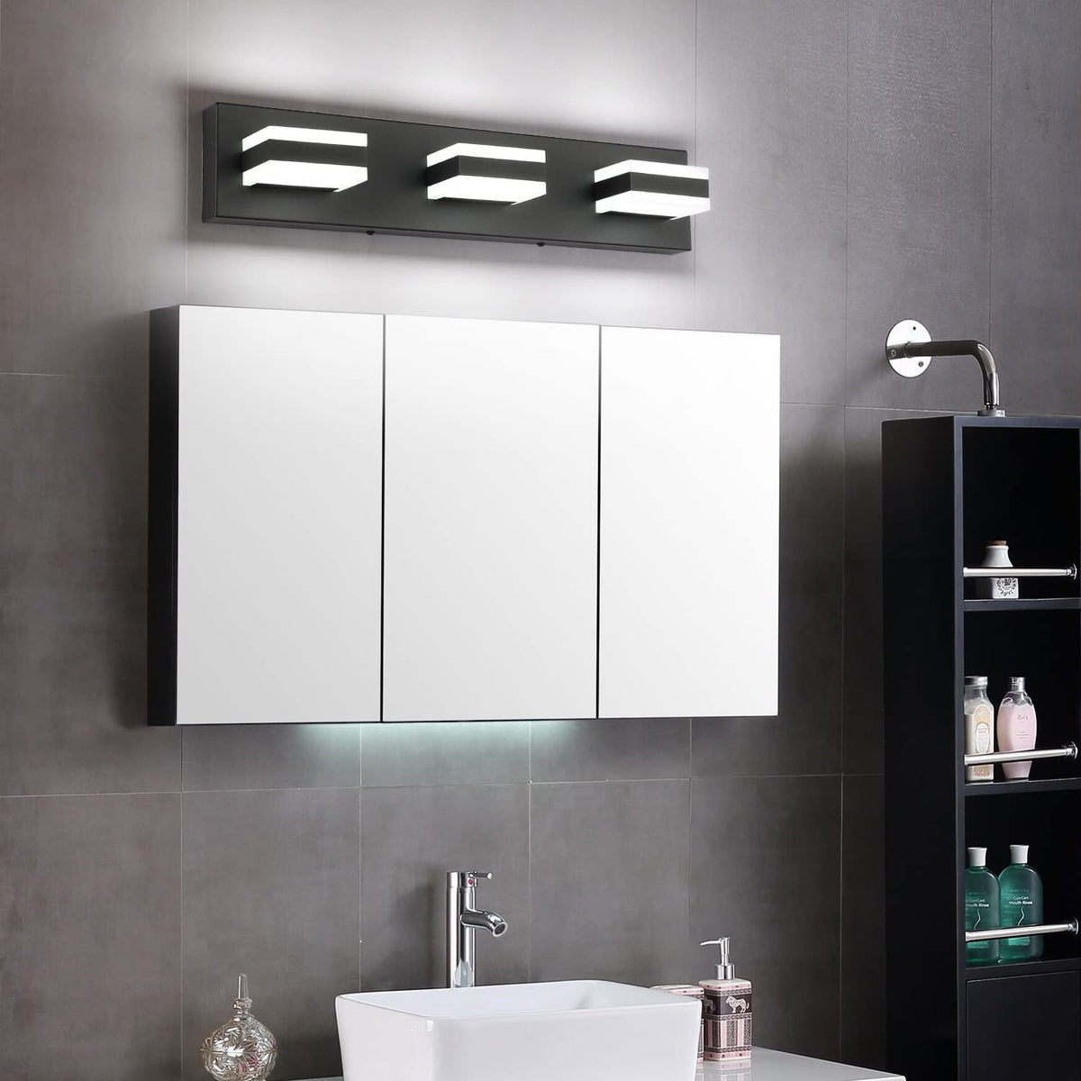 LED Black Bathroom Vanity Light Fixtures Over Mirror 3 Lights Bath Lighting Restroom Light Modern Vanity Lights for Bathroom Bath Lights ETL Listed (Matt Black,6000K & 100% Brightness / 3- Light,22Inch)